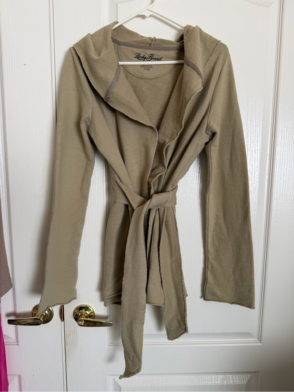 Lucky Brand Olive Khaki Hooded Wrap Cardigan Belted Cotton Jacket Size M